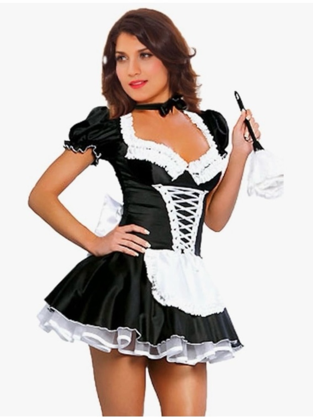 Sexy French Maid Costume Lace Up Front Mini Dress Satin Puff Sleeve Costume S